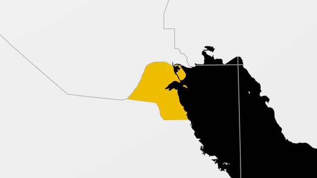 Kuwait map. Animated zoom into the country on the Globe in Black White color palette. Country logo animation. Map with meridians, parallels. Alive video.