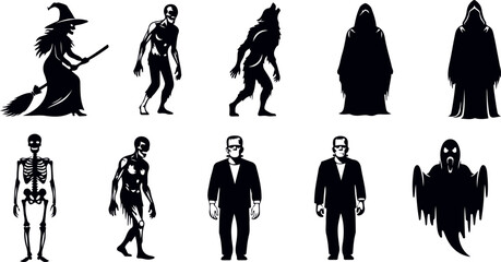 Collection of classic halloween monster silhouettes including a witch zombies skeleton werewolf grim reaper and frankenstein characters