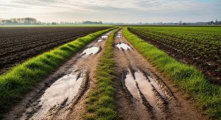 Fototapeta premium Muddy dirt road with puddles winding through cultivated fields
