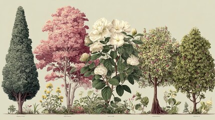 High-Resolution Illustration of Flowers and Trees: A Botanical Symphony in Bloom