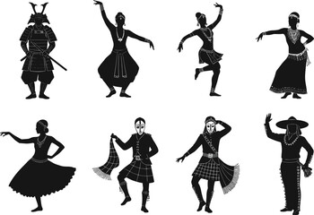 Traditional cultural dance vector illustration set, ethnic costumes, folk performance, global heritage, artistic expression, diversity, traditional art, world culture, celebration, movement design