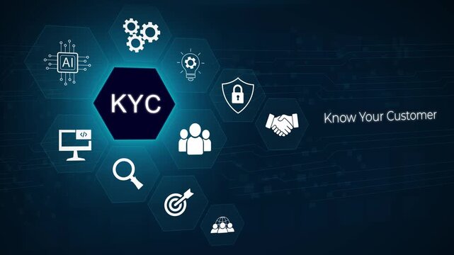 Know Your Customer concept with KYC text and business icons on a dark blue circuit board background