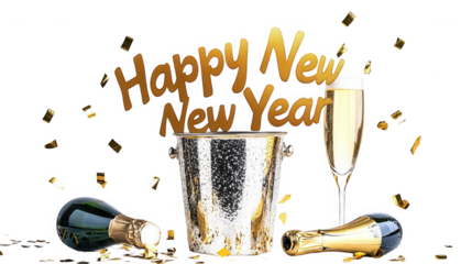 A new year celebration with champagne bottles, a bucket, a glass, and gold confetti on black background on transparent background