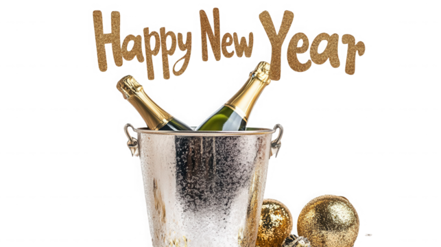 A new year celebration with champagne bottles in an ice bucket and golden ornaments on a black background on transparent background - Powered by Adobe