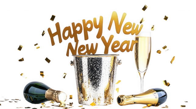 A new year celebration with champagne bottles, a bucket, a glass, and gold confetti on black background on transparent background