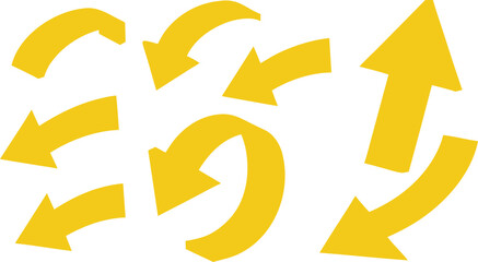 Collection of bright yellow arrows pointing in various directions on a white background