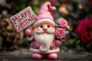 Cute Pink Santa Claus Figurine Holding Merry Christmas Sign with Roses – Festive Decoration