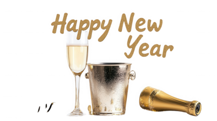 A champagne glass and ice bucket with a happy new year message on a black background celebration scene on transparent background