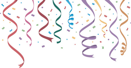Festive celebration with colorful hanging ribbons and falling confetti against a white background
