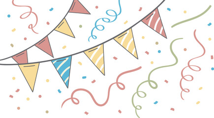Festive bunting flags and swirling confetti create a joyful celebration atmosphere with colorful ribbons