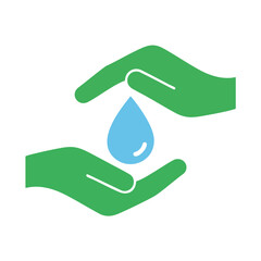 Green hands cupping a blue water drop, symbolizing care and conservation.