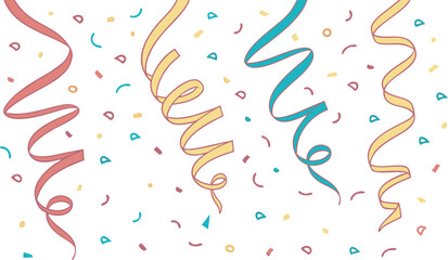 Festive celebration with colorful ribbons and confetti falling down against a white background