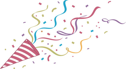 A festive party popper explodes with colorful streamers and confetti celebrating a joyous occasion with vibrant energy and fun