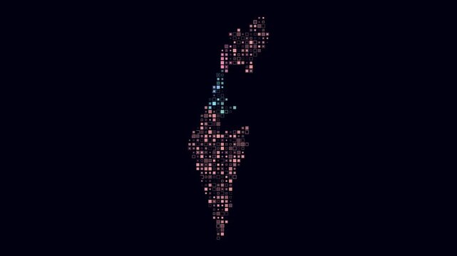Israel map animation. Shape of the country with pulsating colored dots. Small size square blocks. Digital style Israel map on dark background. Modern video.