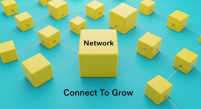 Yellow cubes networked together showing digital connections and growth - Powered by Adobe