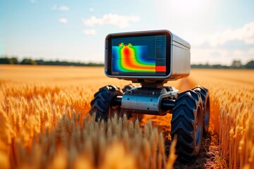 Obraz premium Agricultural robot with sensor screen analyzing a golden wheat field.