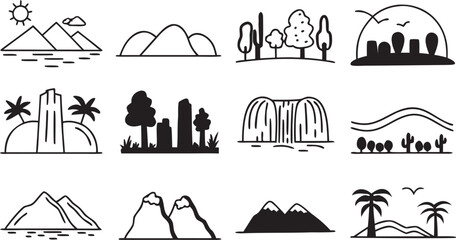 Collection of hand drawn doodle icons representing diverse natural landscapes and geographic features