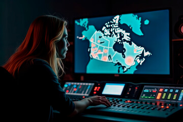 Woman at a control console analyzing a digital map in a dark command center.