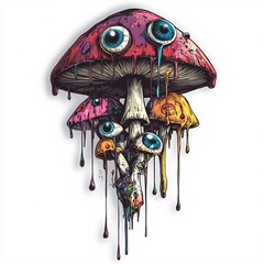 Sticker design of a pop surreal ghost mushroom umbrella dripping eyeball rain on white background, no person, no tattooed skin