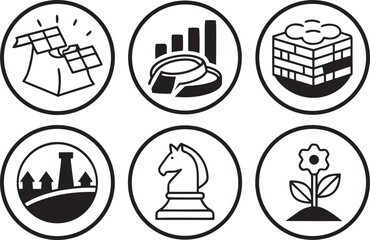Six oval icons representing diverse concepts including energy production growth construction urban development strategy and nature