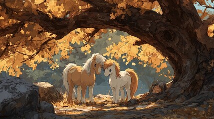 Anime Style: Two Little Ponies Under the Tree in Autumn