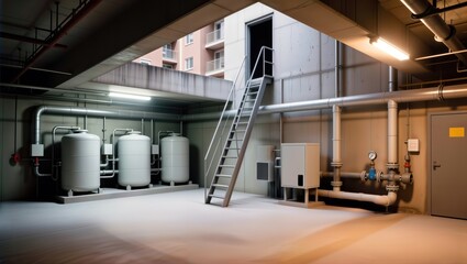 Industrial basement utility room with water tanks, pipes, and heating system.