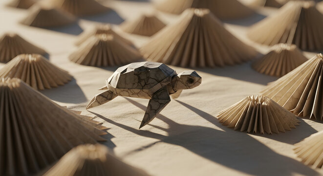 A hot air balloon floats over rolling green hills at sunrise with a misty valley in the background