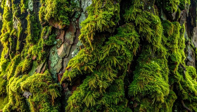 Close-up shot of textured tree bark covered in vibrant green moss