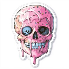 Sticker design of a pop surreal skull-shaped ice cream with melting ghost sprinkles on white background, no person, no tattooed skin