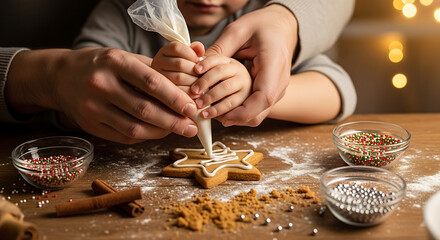 Parent and child decorating star-shaped Christmas cookie together with icing, warm family bonding during holiday baking.