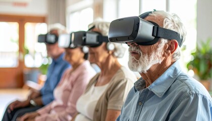 Group of seniors using VR headsets, exploring virtual world through technological advancement