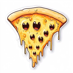 Sticker design of a pop surreal melting cheese pizza with ghost pepper faces on white background, no person, no tattooed skin