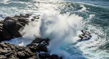 Ocean waves crashing against dark rocks creating a large splash on a sunny day near the coastline