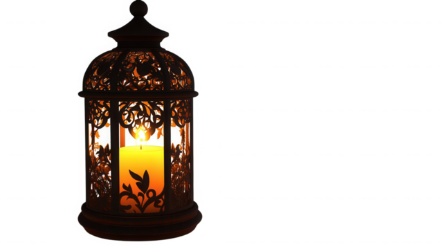 Ornate lantern with a glowing candle inside casting light against a dark background in a still life shot on transparent background