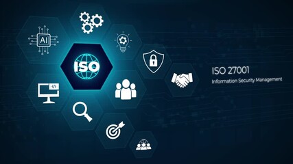 ISO 27001 Standard certification standardisation quality control concept on screen. 3D dark blue background 4k animation