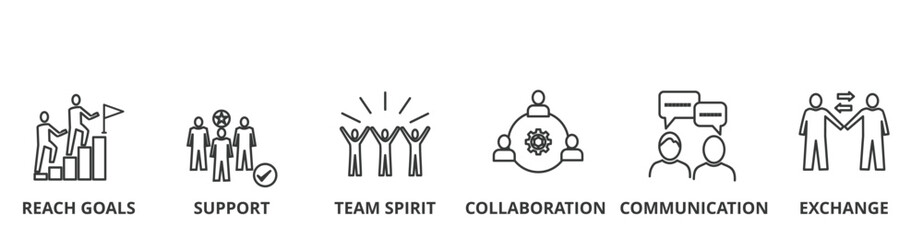 Working together banner vector illustration concept with icons of reach goal, support, team spirit, collaboration, communication, exchange