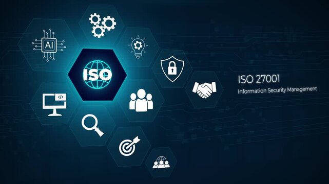 ISO 27001 Standard certification standardisation quality control concept on screen. 3D dark blue background 4k animation