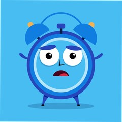 Fototapeta premium Sad blue alarm clock character with tired eyes and open mouth