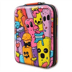 Sticker design of a pop surreal haunted candy bag with spirits escaping through zipper on white background, no person, no tattooed skin