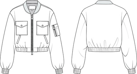 Trendy bomber jacket flat sketch with front zipper, flap pockets, ribbed cuffs, sleeve pocket, front and back view, vector fashion design