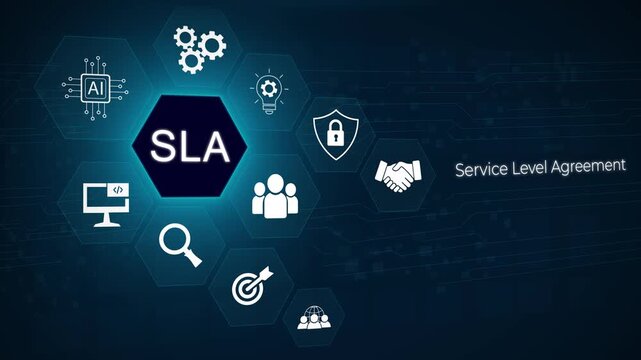 Service Level Agreement (SLA), business concept. Service performance tracking to reduce the uncertainty the customer in process. 3D dark blue background 4k animation