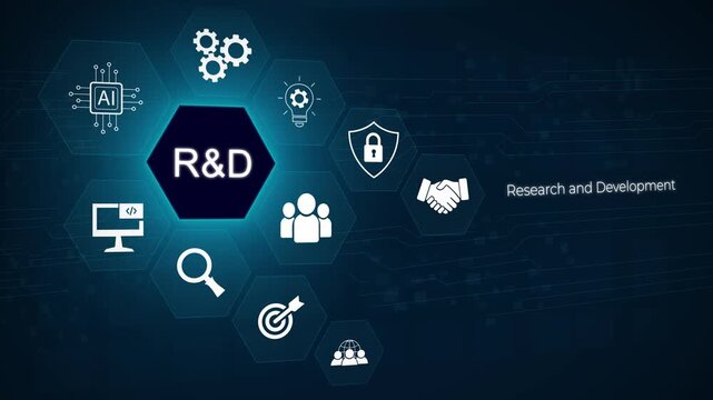 Business, Technology, Internet and network concept. Businessman touched r and d sign. 3D dark blue background 4k animation