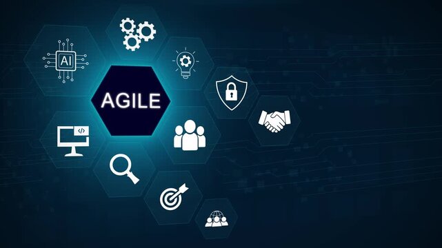 Business, Technology, Internet and network concept. Agile Software Development. 3D dark blue background 4k animation