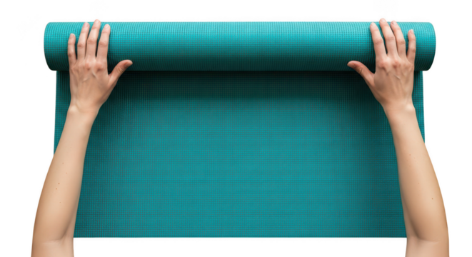 Hands Unrolling Teal Yoga Mat On Black Background Top View