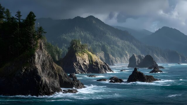 Rugged coastline with jagged cliffs, sea stacks, and evergreen forests, waves crashing under dark, stormy skies. Concept Rugged coastline, Jagged cliffs and sea stacks - Powered by Adobe