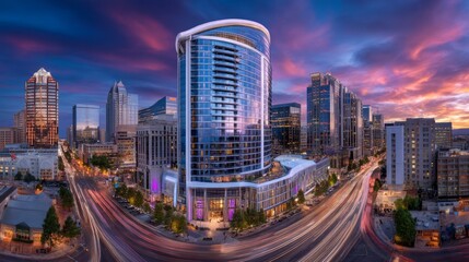 Fototapeta premium Vibrant cityscape with modern skyscrapers at twilight