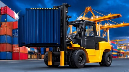 Naklejka premium Forklift handling container in busy port logistics scene