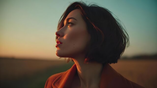 Profile of a woman with short dark hair, lit by golden-hour light, gazing upward against a soft sunset background. Concept Profile portrait, golden-hour lighting, short dark hair, upward gaze