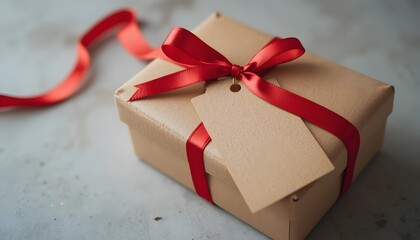Present Elegance: A beautifully wrapped gift box with a red ribbon and tag, symbolizing thoughtfulness, occasion, and anticipation of the joy it holds.