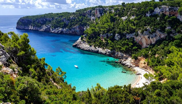 Coastal cove with clear turquoise water and lush green cliffs